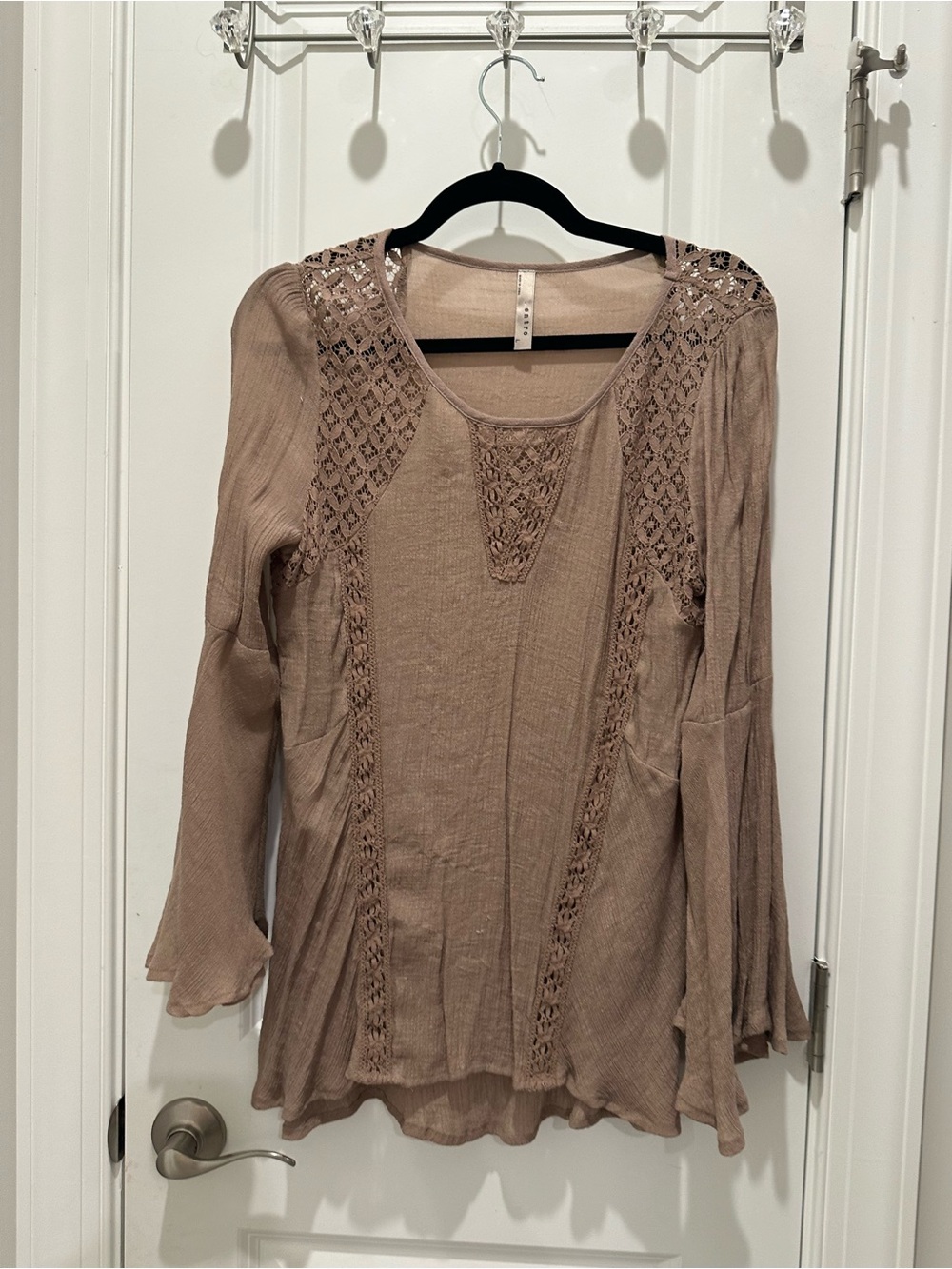entro Taupe Crochet-Panel Long Sleeve Blouse